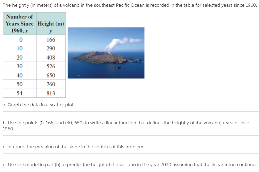 The height y (in meters) of a volcano in the southeast Pacific Ocean is recorded in the table for selected years since 1960.
Number of
Years Since Height (m)|
1960, x
166
10
290
20
408
30
526
40
650
50
760
54
813
a. Graph the data in a scatter plot.
b. Use the points (0, 166) and (40, 650) to write a linear function that defines the height y of the volcano, x years since
1960.
c. Interpret the meaning of the slope in the context of this problem.
d. Use the model in part (b) to predict the height of the volcano in the year 2030 assuming that the linear trend continues.
