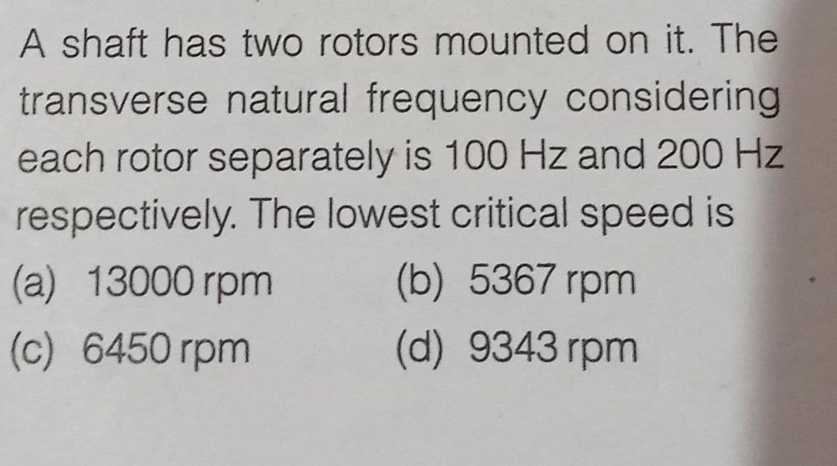 A shaft has two rotors mounted on it. The
transverse natural frequency considering
each rotor separately is 100 Hz and 200 Hz
respectively. The lowest critical speed is
(a) 13000 rpm
(b) 5367 rpm
(c) 6450 rpm
(d) 9343 rpm
