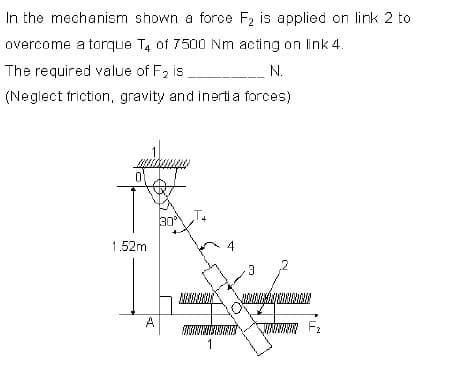 In the mechanism shown a force F2 is applied on link 2 to
overcome a torque T, of 7500 Nm acting on link 4.
The required value of F, is
N.
(Neglect friction, gravity and inerti a forces)
30 T.
1.52m
4
A
F2
