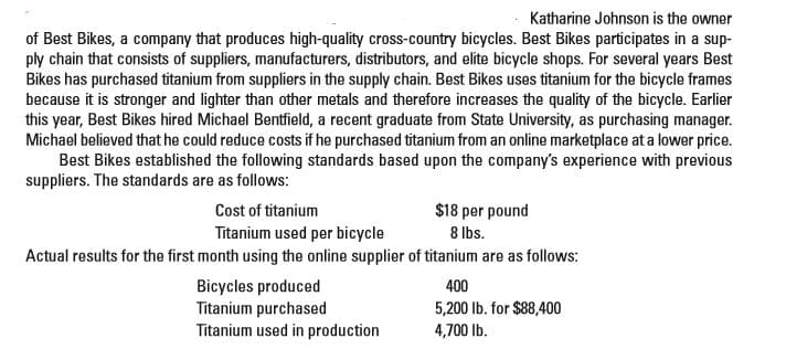 Katharine Johnson is the owner
of Best Bikes, a company that produces high-quality cross-country bicycles. Best Bikes participates in a sup-
ply chain that consists of suppliers, manufacturers, distributors, and elite bicycle shops. For several years Best
Bikes has purchased titanium from suppliers in the supply chain. Best Bikes uses titanium for the bicycle frames
because it is stronger and lighter than other metals and therefore increases the quality of the bicycle. Earlier
this year, Best Bikes hired Michael Bentfield, a recent graduate from State University, as purchasing manager.
Michael believed that he could reduce costs if he purchased titanium from an online marketplace at a lower price.
Best Bikes established the following standards based upon the company's experience with previous
suppliers. The standards are as follows:
$18 per pound
8 Ibs.
Cost of titanium
Titanium used per bicycle
Actual results for the first month using the online supplier of titanium are as follows:
Bicycles produced
Titanium purchased
Titanium used in production
400
5,200 lb. for $88,400
4,700 lb.
