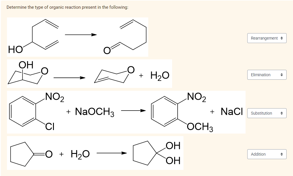 Determine the type of organic reaction present in the following:
HO
OH
NO₂
CI
+ NaOCH3
+ H₂O
+ H₂O
OH
OH
NO₂
+ NaCl
OCH3
Rearrangement
Elimination
Substitution ◆
Addition
◆