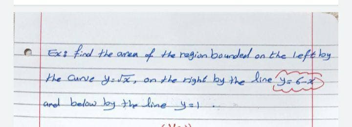 Exs find the aren of the ragion bounded on the leftby
the Curve yl, on the right by the line ys 6-
and below by the line y=1
