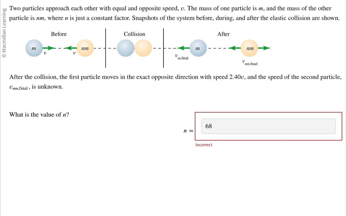 Ⓒ Macmillan Learning
Two particles approach each other with equal and opposite speed, v. The mass of one particle is m, and the mass of the other
particle is nm, where n is just a constant factor. Snapshots of the system before, during, and after the elastic collision are shown.
m
V
Before
V
What is the value of n?
nm
Collision
V
m,final
m
n =
After the collision, the first particle moves in the exact opposite direction with speed 2.40v, and the speed of the second particle,
Unm, final, is unknown.
68
After
Incorrect
nm
nm,final
