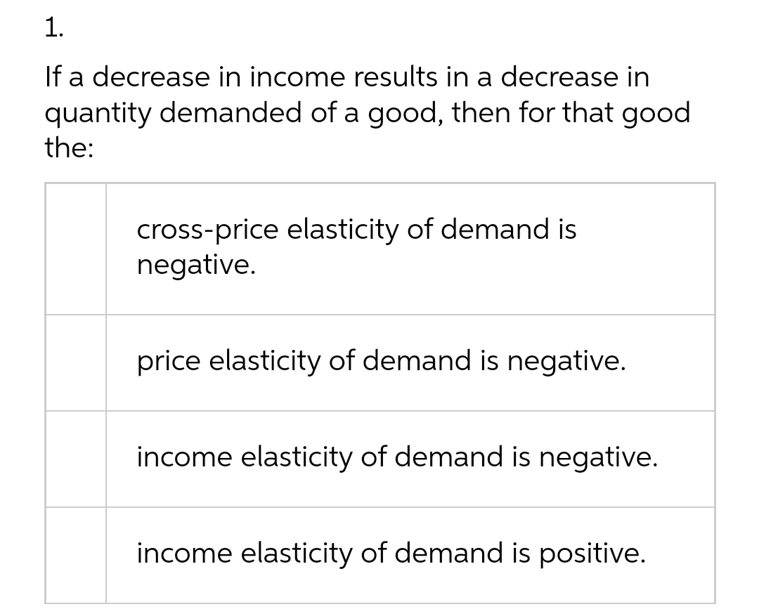 1.
If a decrease in income results in a decrease in
quantity demanded of a good, then for that good
the:
cross-price elasticity of demand is
negative.
price elasticity of demand is negative.
income elasticity of demand is negative.
income elasticity of demand is positive.

