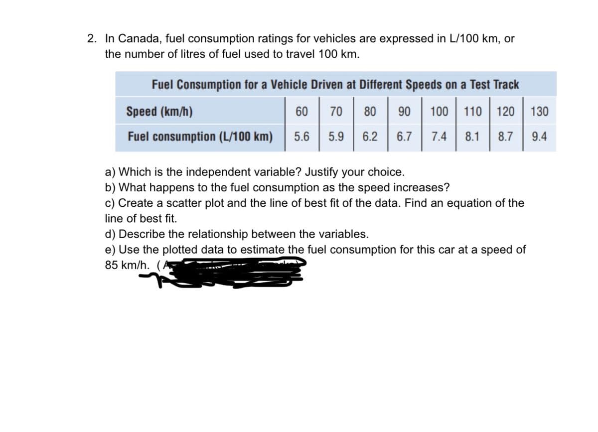 2. In Canada, fuel consumption ratings for vehicles are expressed in L/100 km, or
the number of litres of fuel used to travel 100 km.
Fuel Consumption for a Vehicle Driven at Different Speeds on a Test Track
Speed (km/h)
60
70
80
90
100
110
120
130
Fuel consumption (L/100 km)
5.6
5.9
6.2
6.7
7.4
8.1
8.7
9.4
a) Which is the independent variable? Justify your choice.
b) What happens to the fuel consumption as the speed increases?
c) Create a scatter plot and the line of best fit of the data. Find an equation of the
line of best fit.
d) Describe the relationship between the variables.
e) Use the plotted data to estimate the fuel consumption for this car at a speed of
85 km/h. (A
