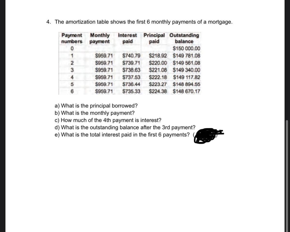 4. The amortization table shows the first 6 monthly payments of a mortgage.
Payment Monthly
numbers payment
Interest Principal Outstanding
paid
paid
balance
$150 000.00
$959.71
$740.79
$218.92 $149 781.08
$220.00 $149 561.08
$959.71
$959.71
S739.71
3
$738.63
$221.08 $149 340.00
4
$959.71
$737.53
$222.18
$149 117.82
$959.71
$736.44
$223.27 $148 894.55
6
$959.71
$735.33
$224.38 $148 670.17
a) What is the principal borrowed?
b) What is the monthly payment?
c) How much of the 4th payment is interest?
d) What is the outstanding balance after the 3rd payment?
e) What is the total interest paid in the first 6 payments?
