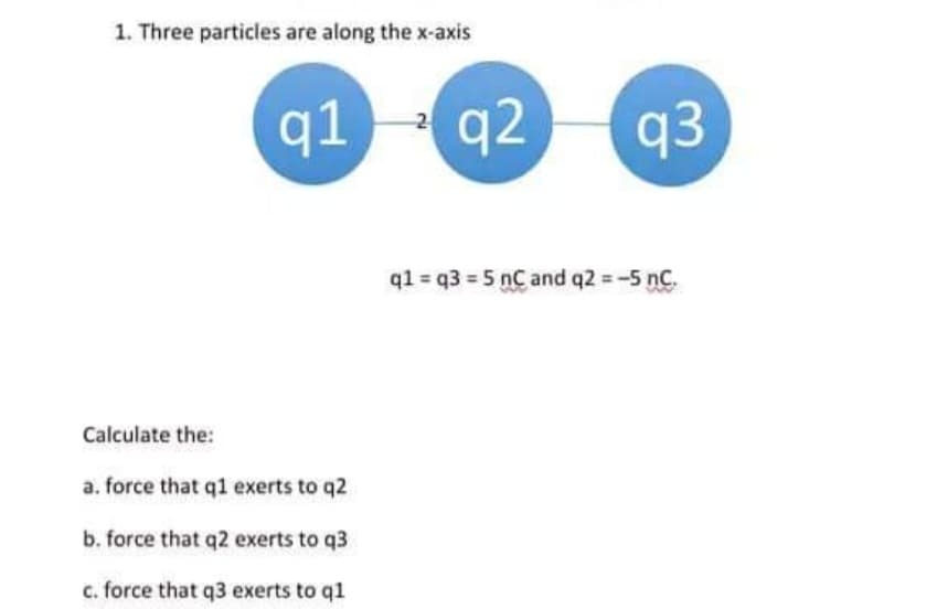 1. Three particles are along the x-axis
q1
q2
q3
2
q1 = q3 = 5 nC and q2 = -5 nC.
Calculate the:
a. force that q1 exerts to q2
b. force that q2 exerts to q3
c. force that q3 exerts to q1
