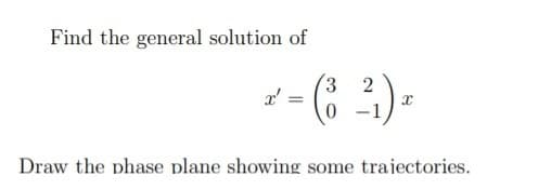 Find the general solution of
2
a' =
-1
Draw the phase plane showing some traiectories.
