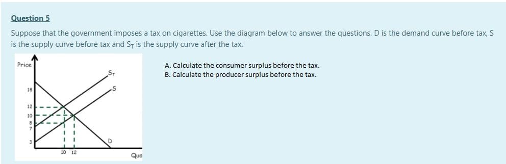 Question 5
Suppose that the government imposes a tax on cigarettes. Use the diagram below to answer the questions. D is the demand curve before tax, S
is the supply curve before tax and S- is the supply curve after the tax.
Price
A. Calculate the consumer surplus before the tax.
B. Calculate the producer surplus before the tax.
18
12
10
10 12
Qua
