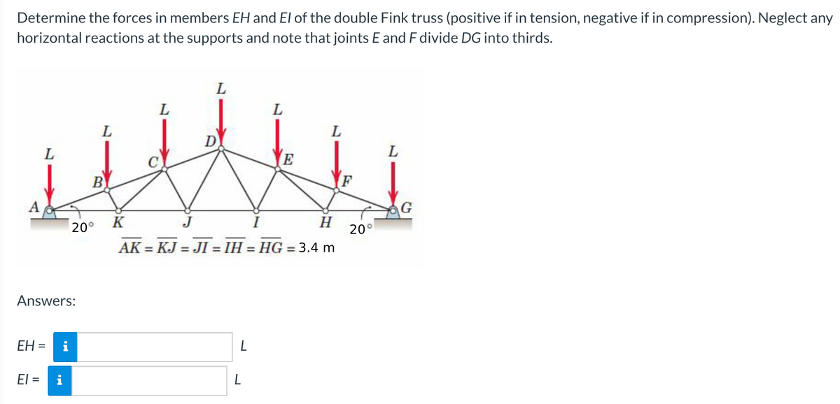 Determine the forces in members EH and El of the double Fink truss (positive if in tension, negative if in compression). Neglect any
horizontal reactions at the supports and note that joints E and F divide DG into thirds.
L
D
L
E
B
A
20° K
J
I
H
20°
AK = KJ = JI = IH = HG = 3.4 m
%3D
%3D
Answers:
EH = i
El
