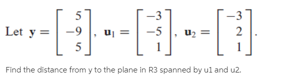 []
-3
-3
Let y =
-9
uj
-5
u2
5
Find the distance from y to the plane in R3 spanned by ul and u2.
