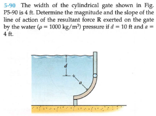 5-90 The width of the cylindrical gate shown in Fig.
P5-90 is 4 ft. Determine the magnitude and the slope of the
line of action of the resultant force R exerted on the gate
by the water (p = 1000 kg/m) pressure if d = 10 ft and a =
4 ft.
