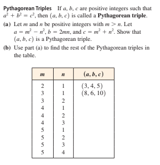 Pythagorean Triples If a, b, c are positive integers such that
a² + b = 2, then (a, b, c) is called a Pythagorean triple.
(a) Let m and n be positive integers with m>n. Let
a = m² – n°, b = 2mn, and c = m² + n°. Show that
(a, b, c) is a Pythagorean triple.
(b) Use part (a) to find the rest of the Pythagorean triples in
the table.
(а,b, с)
(3, 4, 5)
(8, 6, 10)
2
3
3
4
4
4
3
5
5
2
5
3
5
4
