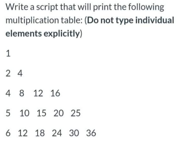 Write a script that will print the following
multiplication table: (Do not type individual
elements explicitly)
1
2 4
4 8 12 16
5 10 15 20 25
6 12 18 24 30 36
