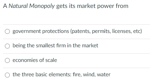 A Natural Monopoly gets its market power from
government protections (patents, permits, licenses, etc)
being the smallest firm in the market
economies of scale
the three basic elements: fıre, wind, water
