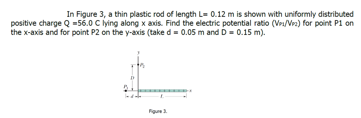 In Figure 3, a thin plastic rod of length L= 0.12 m is shown with uniformly distributed
positive charge Q =56.0 C lying along x axis. Find the electric potential ratio (VP1/Vp2) for point P1 on
the x-axis and for point P2 on the y-axis (take d = 0.05 m and D
0.15 m).
%3D
%3D
P2
D
e d --
L
Figure 3.

