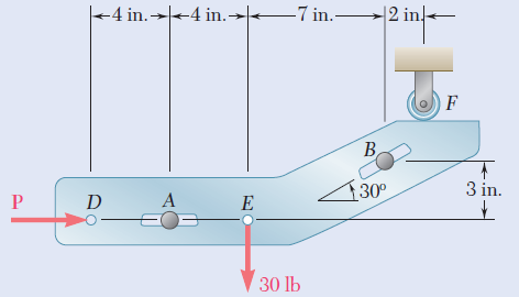 파-
<4 in.→4 in.→ –7 in.-
|2 in]-
B
130°
3 in.
D
A
F%D=
30 lb
