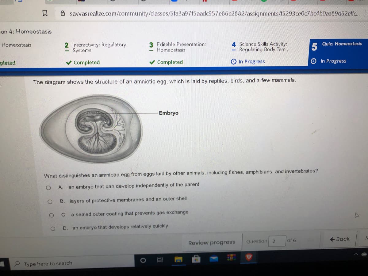 A savvasrealize.com/community/classes/5fa3a97f5aadc957e86e2882/assignments/f5293ce0c7bc4b0aa89d62effc..
son 4: Homeostasis
2 Interactivity: Regulatory
Systems
3 Editable Presentation:
Homeostasis
4 Science Skills Activity:
Regulating Body Tem..
Homeostasis
Quiz: Homeostasis
pleted
Completed
v Completed
O In Progress
O In Progress
The diagram shows the structure of an anmniotic egg, which is laid by reptiles, birds, and a few mammals.
Embryo
What distinguishes an amniotic egg from eggs laid by other animals, including fishes, amphibians, and invertebrates?
A.
an embryo that can develop independently of the parent
B. layers of protective membranes and an outer shell
a sealed outer coating that prevents gas exchange
an embryo that develops relatively quickly
Reviow progross
Question 2
of 6
Back
P Type here to search
D.
