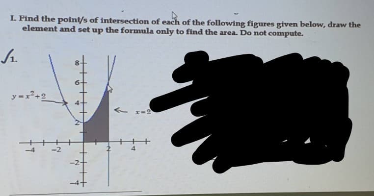 L. Find the point/s of intersection of each of the following figures given below, draw the
element and set up the formula only to find the area. Do not compute.
y =x2+2
e x-2
-2
-2+
-4+
