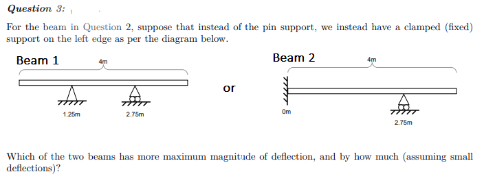 Question 3:
For the beam in Question 2, suppose that instead of the pin support, we instead have a clamped (fixed)
support on the left edge as per the diagram below.
Beam 1
Beam 2
4m
4m
or
Om
1.25m
2.75m
2.75m
Which of the two beams has more maximum magnitude of deflection, and by how much (assuming small
deflections)?
