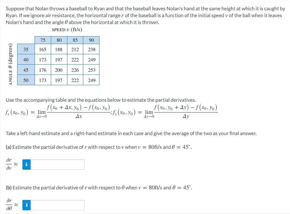 Suppose that Nolan throws a baseball to Ryan and that the baseball leaves Nolan's hand at the same height at which it is caught by
Ryan. If we ignore air resistance, the horizontal range r of the baseball is a function of the initial speed v of the ball when it leaves
Nolan's hand and the angle 0 above the horizontal at which it is thrown.
SPEED U (ft/s)
75
80
85
90
35
165
188
212
238
40
173
197
222
249
45
176
200
226
253
50
173
197
222
249
Use the accompanying table and the equations below to estimate the partial derivatives.
f(xo. Yo +Ay) -f (xo.Yo)
Ay
f(xo + Ax, yo) -f(xo. yo)
f. (xo. yo) = lim
Ar-0
(Xo, yo) = lim
Ay-0
Ax
Take a left-hand estimate and a right-hand estimate in each case and give the average of the two as your final answer.
(a) Estimate the partial derivative of r with respect to v when v = 80ft/s and 0 = 45".
i
dv
(b) Estimate the partial derivative of r with respect to 0 when v = 80ft/s and 0 = 45°.
%3D
dr
i
ANGLE 0 (degrees)
