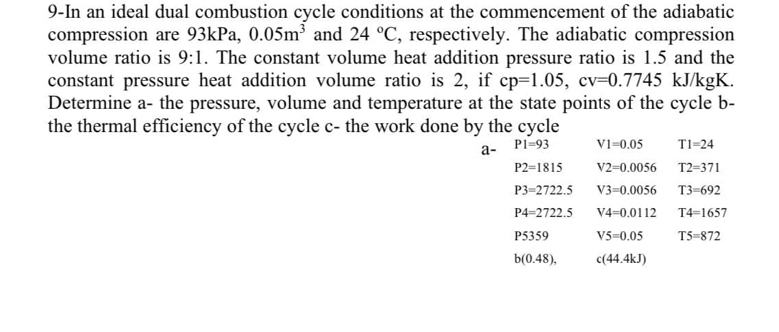 9-In an ideal dual combustion cycle conditions at the commencement of the adiabatic
compression are 93kPa, 0.05m³ and 24 °C, respectively. The adiabatic compression
volume ratio is 9:1. The constant volume heat addition pressure ratio is 1.5 and the
constant pressure heat addition volume ratio is 2, if cp=1.05, cv=0.7745 kJ/kgK.
Determine a- the pressure, volume and temperature at the state points of the cycle b-
the thermal efficiency of the cycle c- the work done by the cycle
P1=93
V1=0.05
T1=24
а-
P2=1815
V2=0.0056
T2=371
P3=2722.5
V3=0.0056
T3=692
P4=2722.5
V4=0.0112
T4=1657
P5359
V5=0.05
T5=872
b(0.48),
c(44.4kJ)
