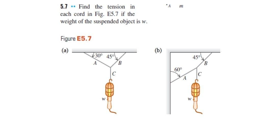5.7 . Find the tension in
"A
m
each cord in Fig. E5.7 if the
weight of the suspended object is w.
Figure E5.7
(a)
(b)
30°
45°
A
450
B.
60°
C
