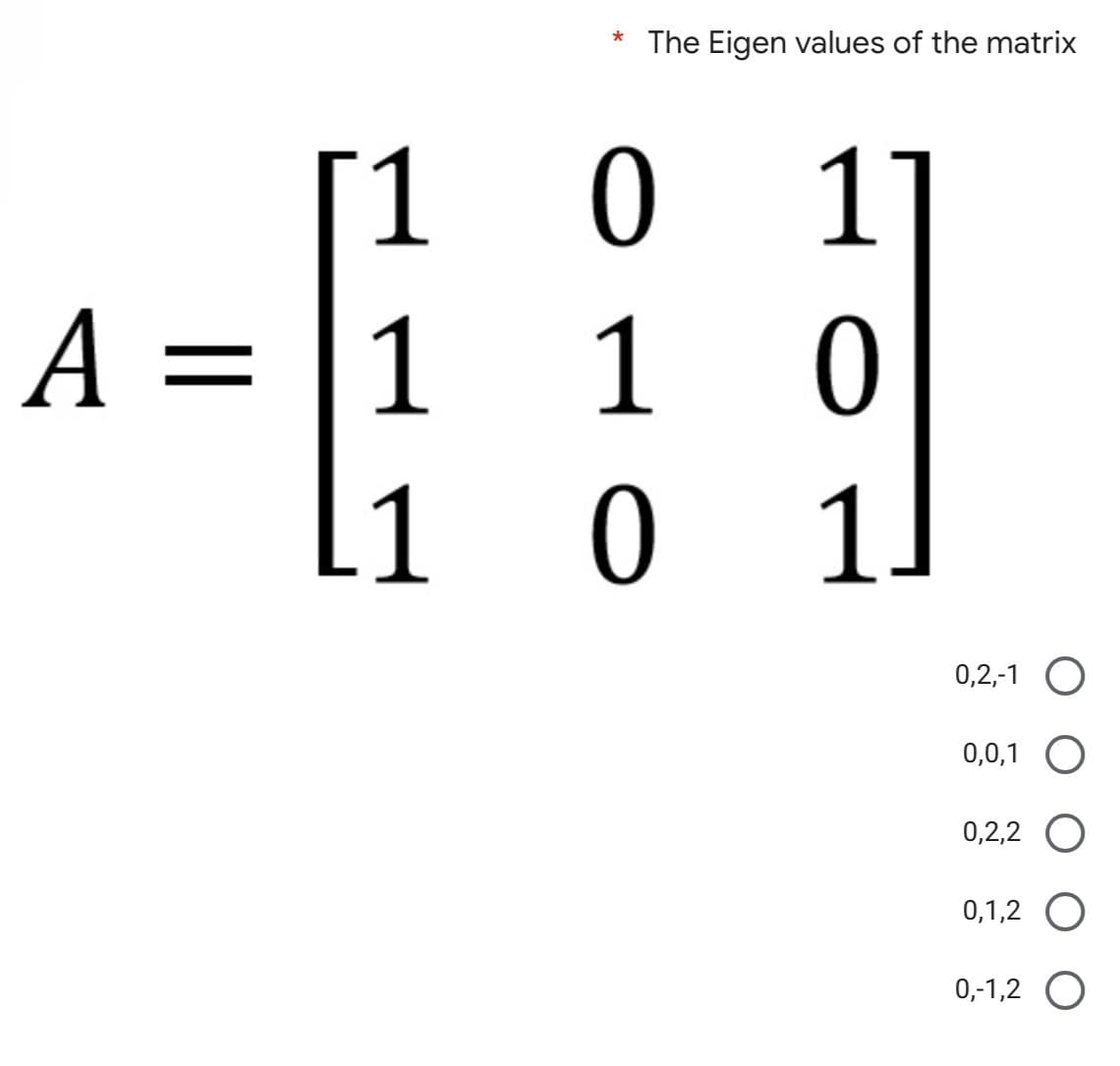 * The Eigen values of the matrix
1
A = 1 10
1
0
1.
0 1
0,2,-1 O
0,0,1 O
0,2,2 O
0,1,2 O
0,-1,2 O