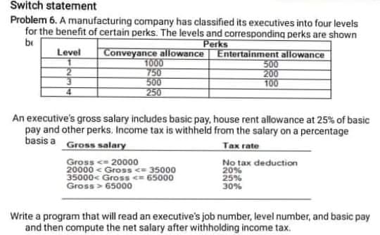 Switch statement
Problem 6. A manufacturing company has classified its executives into four levels
for the benefit of certain perks. The levels and corresponding perks are shown
Perks
Conveyance allowance Entertainment allowance
be
Level
1000
750
500
250
500
200
100
An executive's gross salary includes basic pay, house rent allowance at 25% of basic
pay and other perks. Income tax is withheld from the salary on a percentage
basis a Gross salary
Tax rate
Gross <= 2000o
20000 < Gross <= 35000
35000< Gross < 65000
No tax deduction
20%
25%
30%
Gross > 65000
Write a program that will read an executive's job number, level number, and basic pay
and then compute the net salary after withholding income tax.
