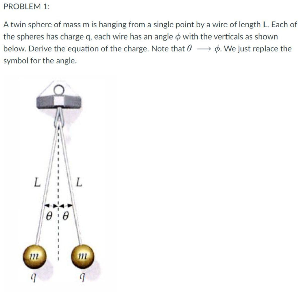 PROBLEM 1:
A twin sphere of mass m is hanging from a single point by a wire of length L. Each of
the spheres has charge q, each wire has an angle o with the verticals as shown
below. Derive the equation of the charge. Note that 0 –→ ¢. We just replace the
symbol for the angle.
0:0
m
