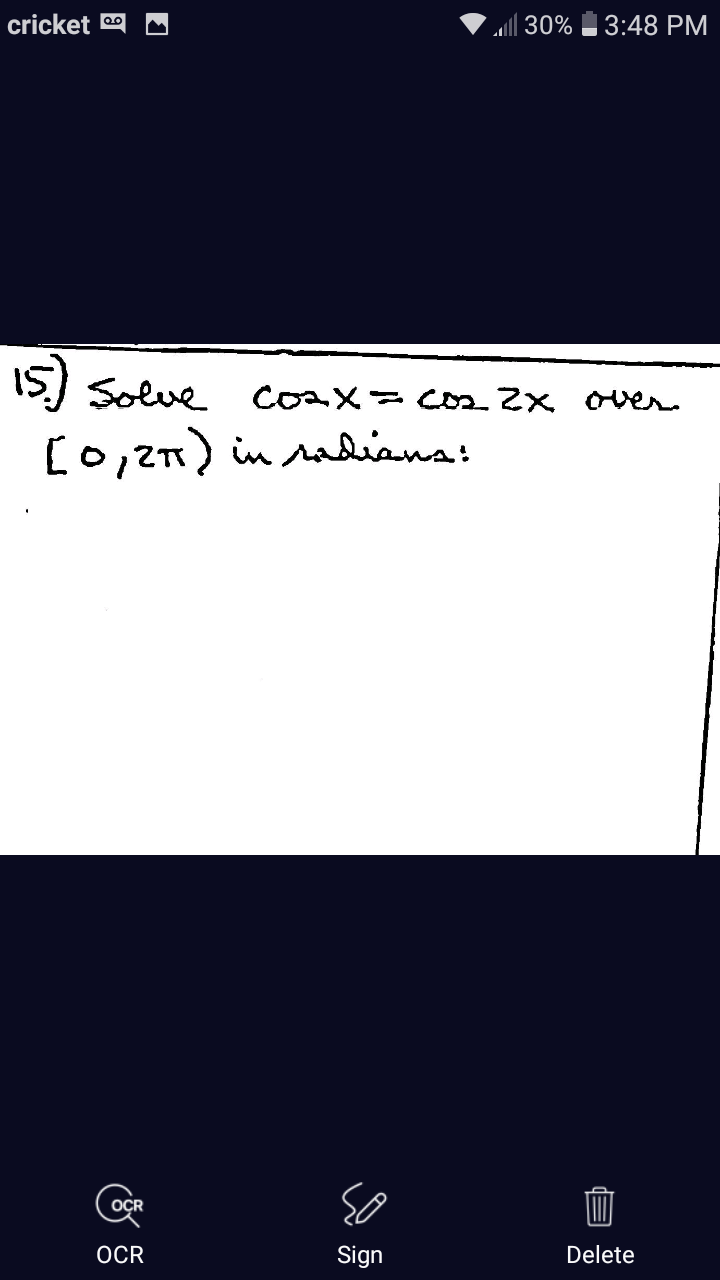 1S) Solve coax=co 2x over
[0,27) in saiana!
