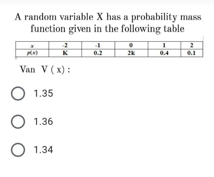 A random variable X has a probability mass
function given in the following table
-2
-1
1
2
p(x)
K
0.2
2k
0.4
0.1
Van V ( x) :
O 1.35
О 1.36
O 1.34
