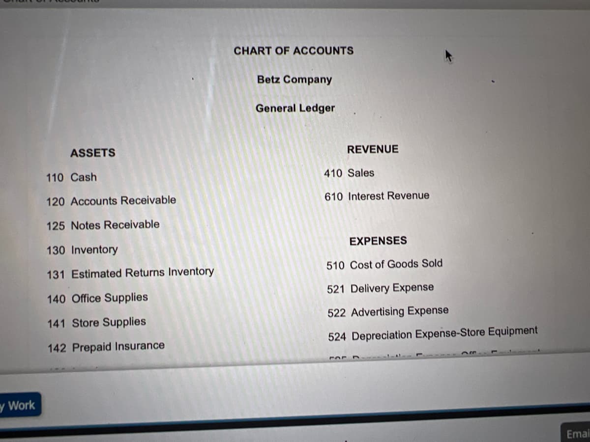 CHART OF ACCOUNTS
Betz Company
General Ledger
ASSETS
REVENUE
110 Cash
410 Sales
120 Accounts Receivable
610 Interest Revenue
125 Notes Receivable
130 Inventory
EXPENSES
131 Estimated Returns Inventory
510 Cost of Goods Sold
140 Office Supplies
521 Delivery Expense
141 Store Supplies
522 Advertising Expense
524 Depreciation Expense-Store Equipment
142 Prepaid Insurance
y Work
Emai
