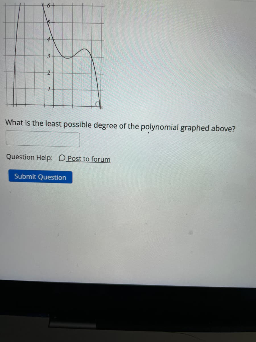 6+
3-
What is the least possible degree of the polynomial graphed above?
Question Help: DPost to forum
Submit Question
