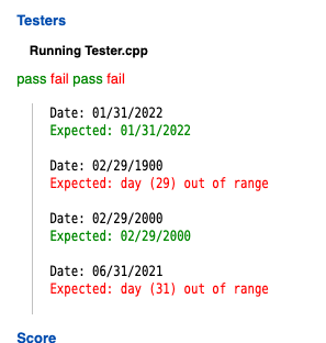 Testers
Running Tester.cpp
pass fail pass fail
Date: 01/31/2022
Expected: 01/31/2022
Date: 02/29/1900
Expected: day (29) out of range
Date: 02/29/2000
Expected: 02/29/2000
Date: 06/31/2021
Expected: day (31) out of range
Score
