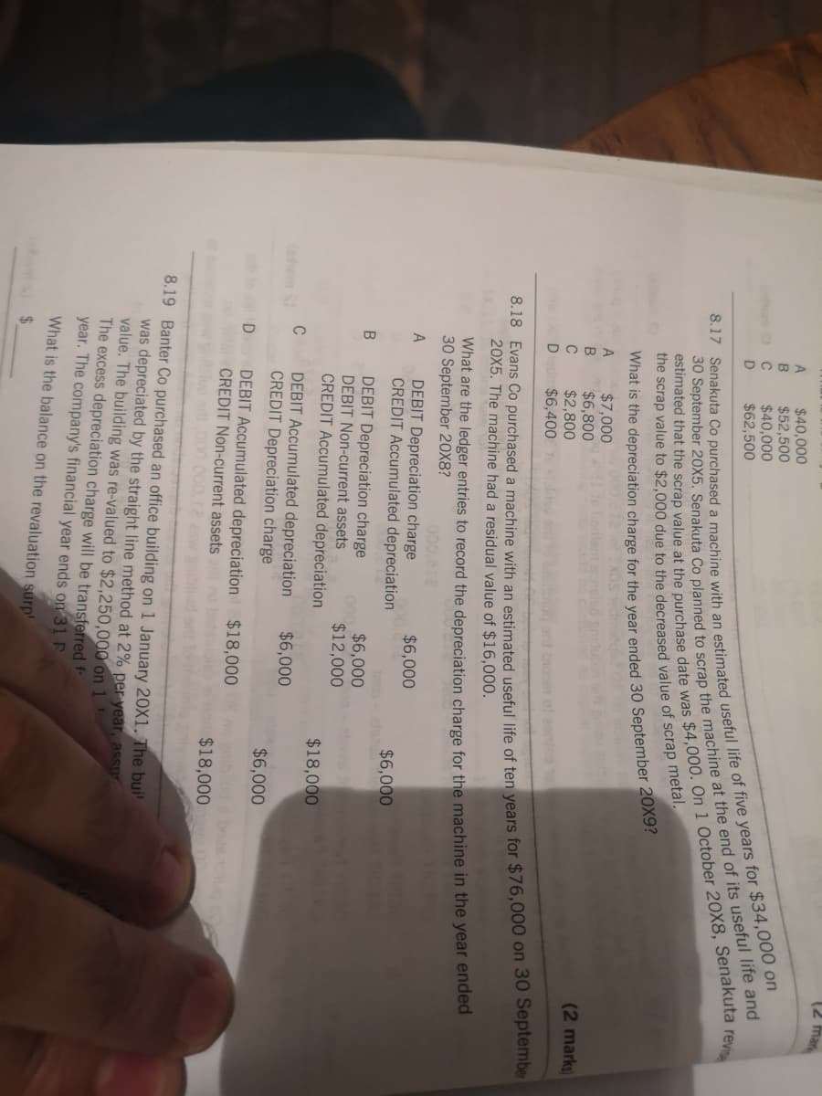 (2 mar
$40,000
$52,500
$40,000
$62,500
A
B.
D
the scrap value to $2,000 due to the decreased value of scrap metal.
What is the depreciation charge for the vear ended 30 September 20A9
$7,000
$6,800
$2,800
$6,400
(2 marks)
bopen of asio 1
0.10 Evans CO purchased a machine with an estimated useful life of ten vears for $76,000 on 30 September
20X5. The machine had a residual value of $16,000.
What are the ledger entries to record the depreciation charge for the machine in the year ended
30 September 20X8?
000,e12
DEBIT Depreciation charge
CREDIT Accumulated depreciation
$6,000
$6,000
DEBIT Depreciation charge
DEBIT Non-current assets
$6,000
$12,000
CREDIT Accumulated depreciation
$18,000
DEBIT Accumulated depreciation
CREDIT Depreciation charge
ahen S
$6,000
$6,000
DEBIT Accumulated depreciation $18,000
CREDIT Non-current assets
biud ebosoug
$18,000
t000 000,
8.19 Banter Co purchased an office building on 1 January 20X1. The bui'
was depreciated by the straight line method at 2% per year, assur
value. The building was re-valued to $2,250,000 on 1
The excess depreciation charge will be transferred f
year. The company's financial year ends on 31 F
What is the balance on the revaluation surp
24
8.17 Co a with an useful life of five for on
30 20X5. Co to at the end of its useful life and
estimated that the at the date was On 1 20X8, revis
