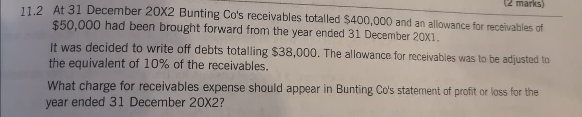 (2 marks)
112 At 31 December 20X2 Bunting Co's receivables totalled $400,000 and an allowance for receivables of
$50,000 had been brought forward from the year ended 31 December 20x1.
It was decided to write off debts totalling $38,000. The allowance for receivables was to be adjusted to
the equivalent of 10% of the receivables.
What charge for receivables expense should appear in Bunting Co's statement of profit or loss for the
year ended 31 December 20X2?
