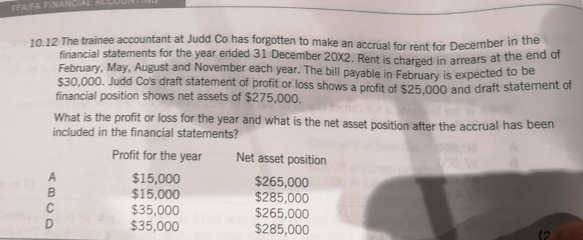 FFA FA FINANCIAL ALL
10 12 The trainee accountant at Judd Co has forgotten to make an accrual for rent for December in the
financial statements for the year ended 31 December 20X2. Rent is charged in arrears at the end of
February, May, August and November each year. The bill payable in February is expected to be
$30,000. Judd Co's draft statement of profit or loss shows a profit of $25.000 and draft statement of
financial position shows net assets of $275,000.
What is the profit or loss for the year and what is the net asset position after the accrual has been
included in the financial statements?
Profit for the year
Net asset position
$15,000
$15,000
$35,000
$35,000
$265,000
$285,000
$265,000
$285,000
ABCD
