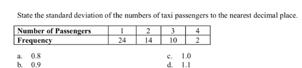 State the standard deviation of the numbers of taxi passengers to the nearest decimal place.
Number of Passengers
Frequency
3
4
24
14
10
2
a.
0.8
с.
1.0
b. 0.9
d. 1.1
