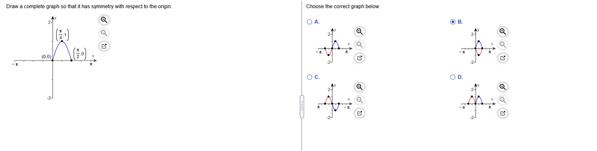 Draw a complete graph so that it has symmetry with respect to the origin.
Choose the correct graph below.
O A.
O B.
2-
2-
(0,0)
OD.
148
2-
2-
-2-
