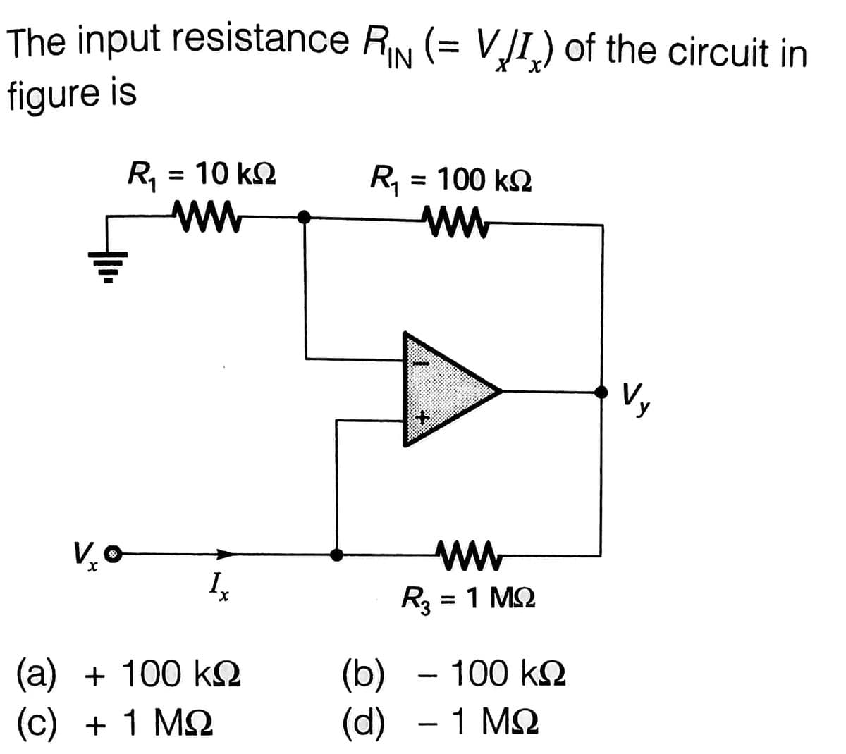 The input resistance RIN (= VJI) of the circuit in
figure is
R, = 10 k2
ww
R = 100 k2
ww
Vy
V,
ww
= 1 M2
(a) + 100 k2
(c) + 1 MQ
(b) – 100 k2
(d) – 1 M2
