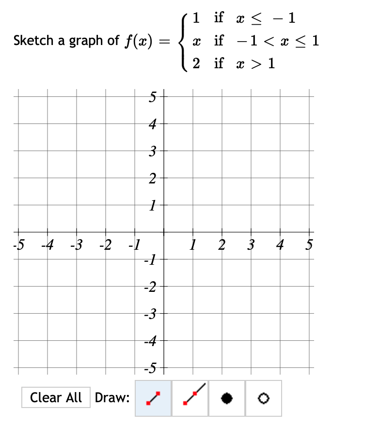 1 if x < - 1
x if -1< x < 1
Sketch a graph of f(x)
2 if x > 1
5-
4
-5 -4 -3 -2 -1
2
3
4
5
-2
-3
-4
-5+
Clear All Draw:
