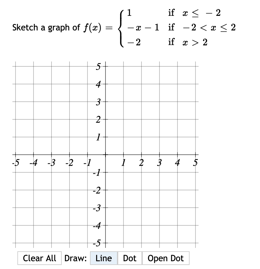 1
if x < - 2
Sketch a graph of f(x)
— х — 1 if — 2 <х <2
-
- 2
if x > 2
5-
4
2
3
-5 -4 -3 -2 -1
-1
4 5
-2
-3
-4
-5+
Clear All Draw: Line
Dot Open Dot
