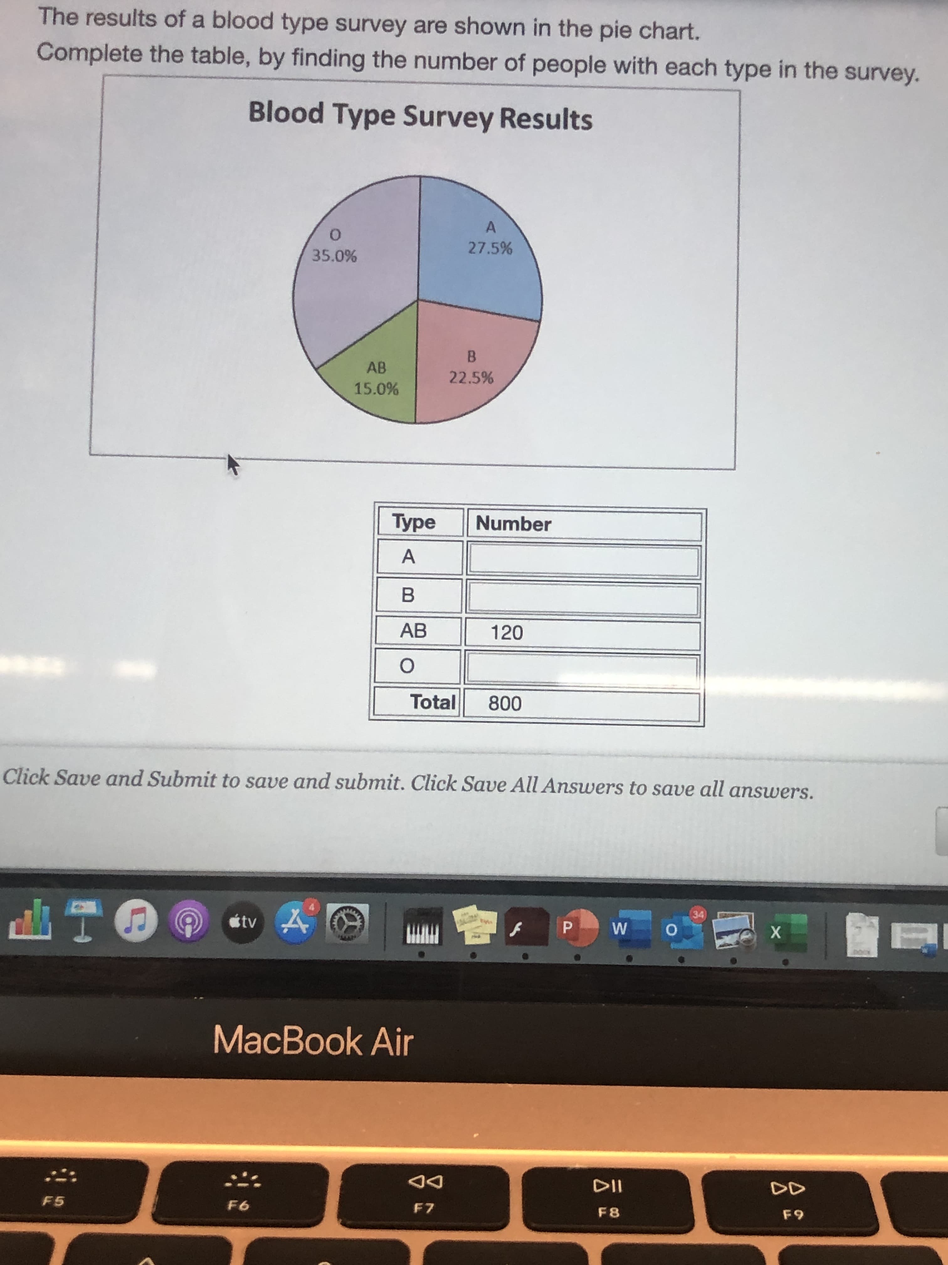 The results of a blood type survey are shown in the pie chart.
Complete the table, by finding the number of people with each type in the survey.
Blood Type Survey Results
27.5%
35.0%
AB
22.5%
15.0%
Type
Number
AB
120
Total
800
Click Save and Submit to save and submit. Click Save All Answers to save all answers.
ATO
34
tv A
MacBook Air
F5
F6
F8
F9
