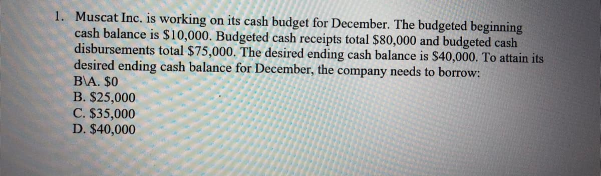 1. Muscat Inc. is working on its cash budget for December. The budgeted beginning
cash balance is $10,000. Budgeted cash receipts total $80,000 and budgeted cash
disbursements total $75,000. The desired ending cash balance is $40,000. To attain its
desired ending cash balance for December, the company needs to borrow:
B\A. $0
B. $25,000
C. $35,000
D. $40,000
