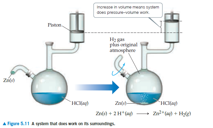Increase in volume means system
does pressure-volume work.
Piston
H2 gas
plus original
atmosphere
Zn(s)
`HCl(aq)
Zn(s)-
`HCl(aq)
Zn(s) + 2 H*(aq)
Zn2+(aq) + H2(g)
A Figure 5.11 A system that does work on its surroundings.
