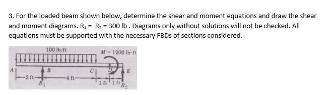 3. For the loaded beam shown below, determine the shear and moment equations and draw the shear
and moment diagrams. R₁ = R₂ = 300 lb. Diagrams only without solutions will not be checked. All
equations must be supported with the necessary FBDs of sections considered.
M = 1200 lb-ft
2 ft-
R₁
100 lb/ft
B
4 ft-
E
1ft iftR₂