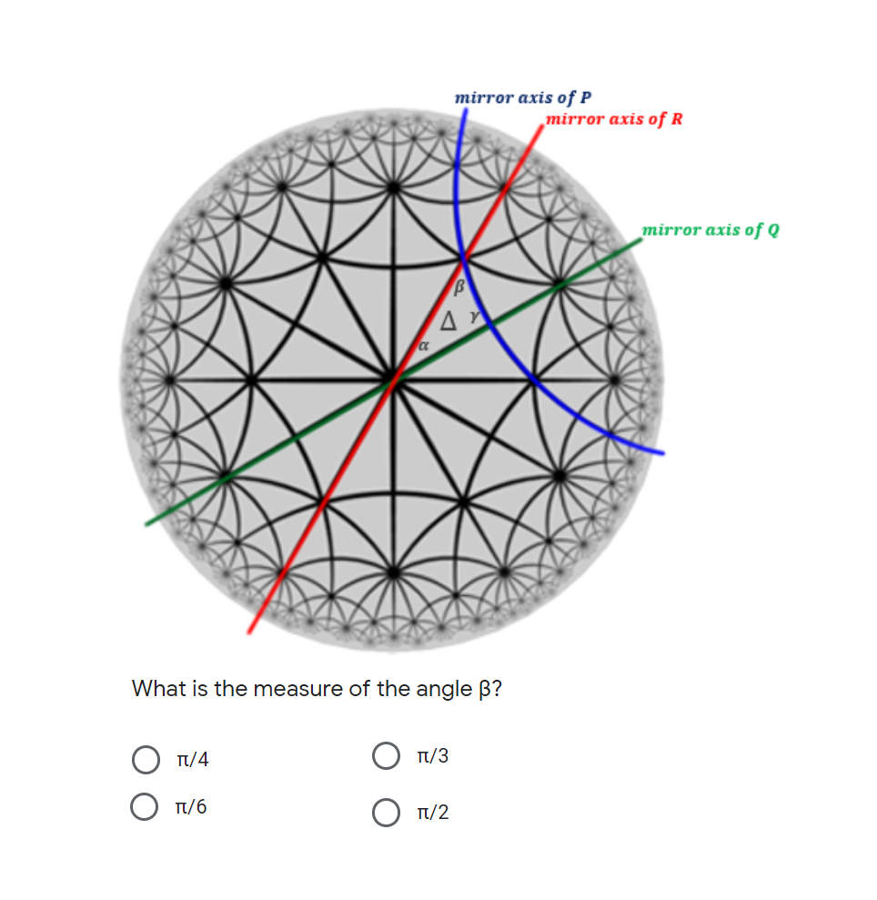 mirror axis of P
mirror axis of R
mirror axis of Q
What is the measure of the angle B?
Tt/4
Tt/3
O T/6
Tt/2
