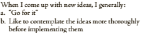 When I come up with new ideas, I generally:
a. "Go for it
b. Like to contemplate the ideas more thoroughly
before implementing them
