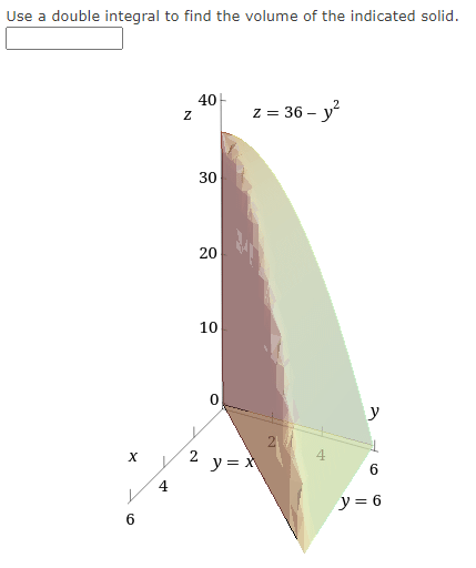 Use a double integral to find the volume of the indicated solid.
X
6
N
40
30
20
10
z = 36- y²
y = x
y
6
y = 6